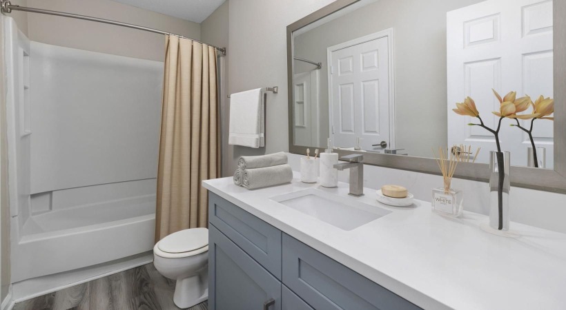 a bathroom with a sink toilet and mirror
