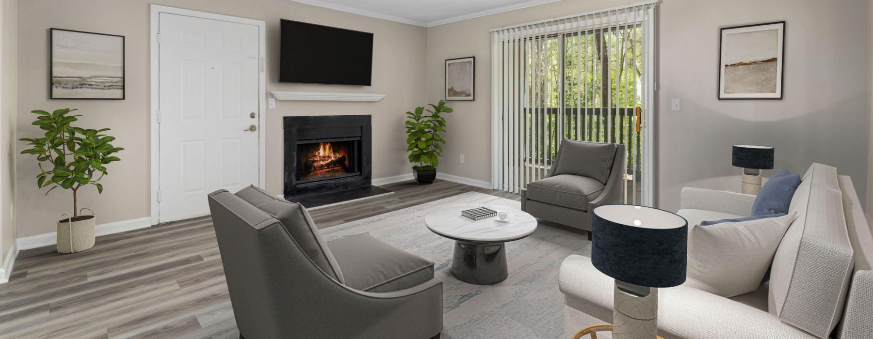 a living room with a fireplace