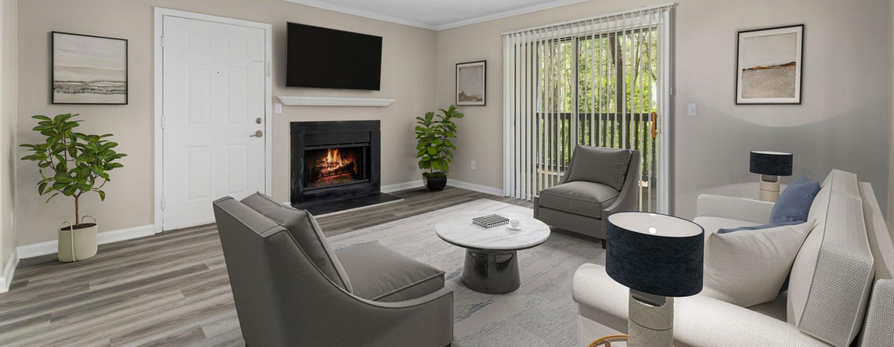 a living room with a fireplace